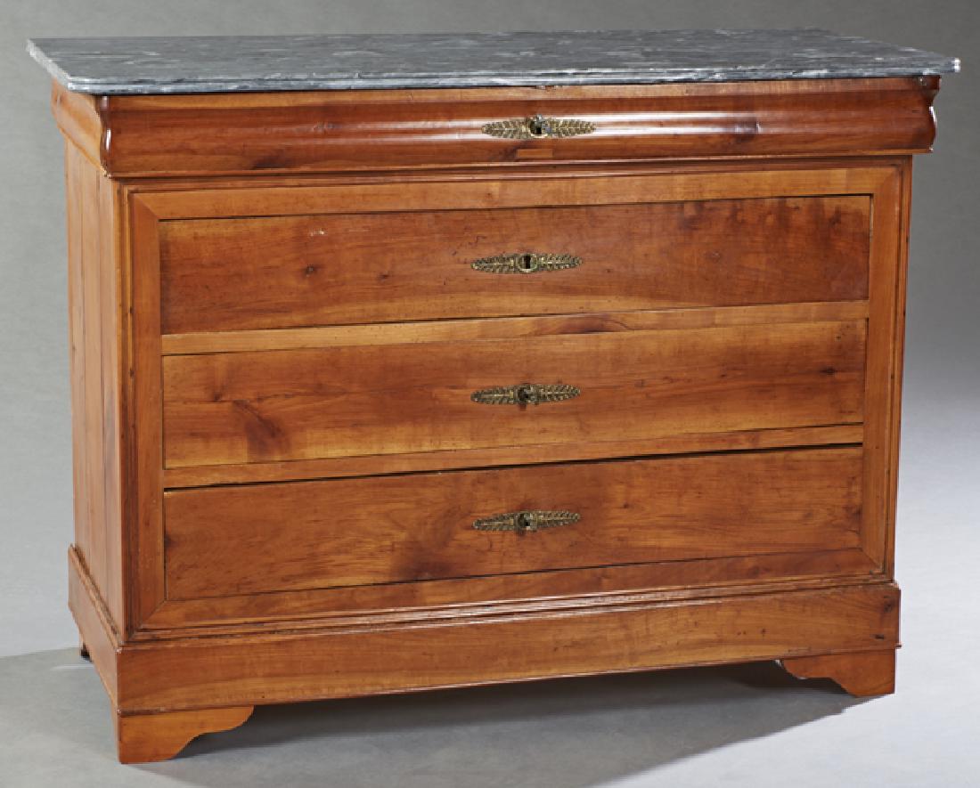 French Louis Philippe Style Carved Cherry Marble Top: French Louis Philippe Style Carved Cherry Marble Top Commode, 19th c., the rounded corner reeded edge marble over a cavetto frieze drawer above three deep drawers, on a plinth base on bracket feet, H.