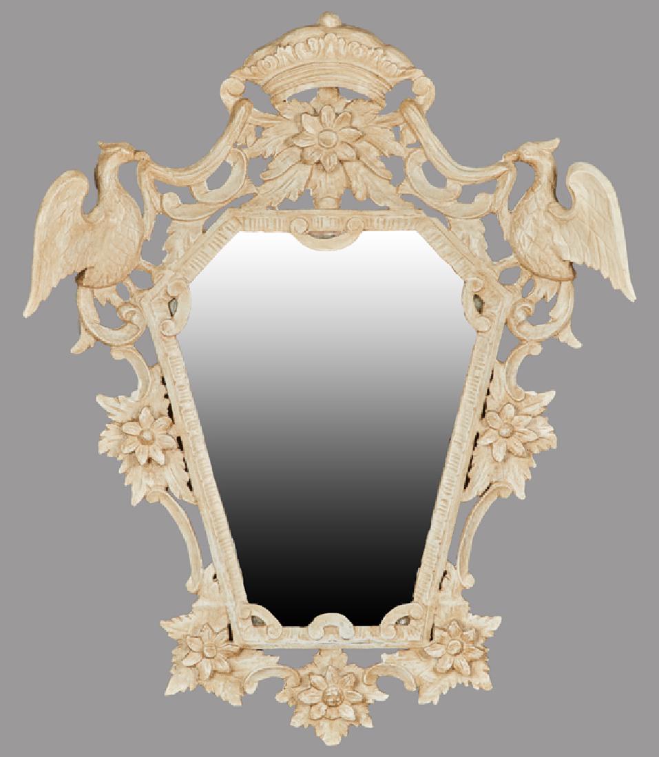 French Polychromed Henri II Style Carved Beech: French Polychromed Henri II Style Carved Beech Overmantle Mirror, c. 1880, the arched crown and floral basket crest flanked by carved birds, over a trapezoidal plate flanked by scrolls and flowers, to