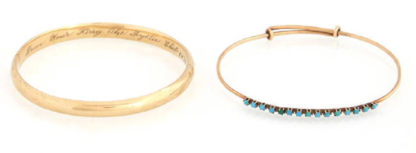 Two Vintage 18K Yellow Gold Bangle Bracelets, one a: Two Vintage 18K Yellow Gold Bangle Bracelets, one a Mardi Gras memento, of hinged form, the interior engraved "From Your King The Mystic Club 1976," the other adjustable thin wire mounted with fifteen