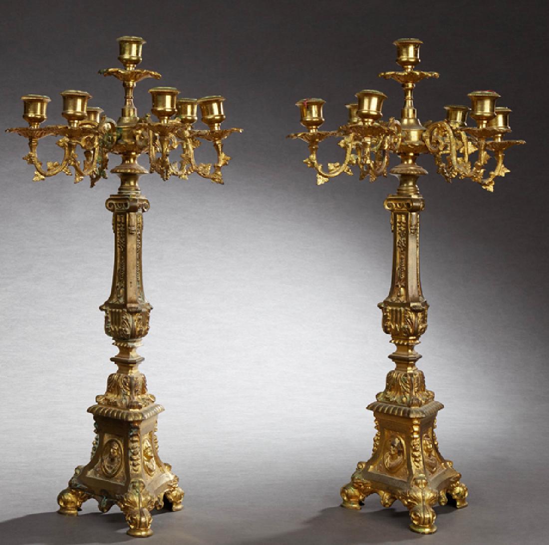 Pair of French Gilt Brass Seven Light Altar Candelabra,