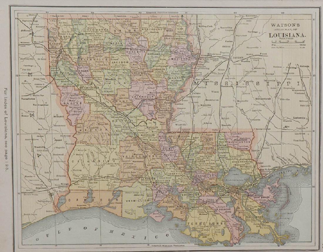 Watson's Atlas Map of Louisiana, 1885, hand colored,