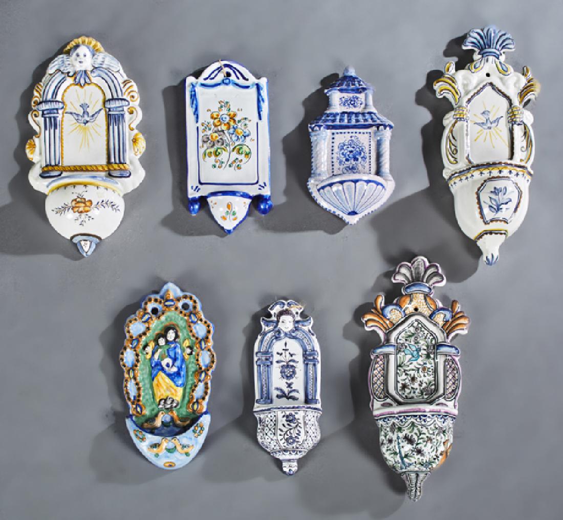Group of Seven Hand Painted Ceramic Holy Water Fonts, (1 of 1)