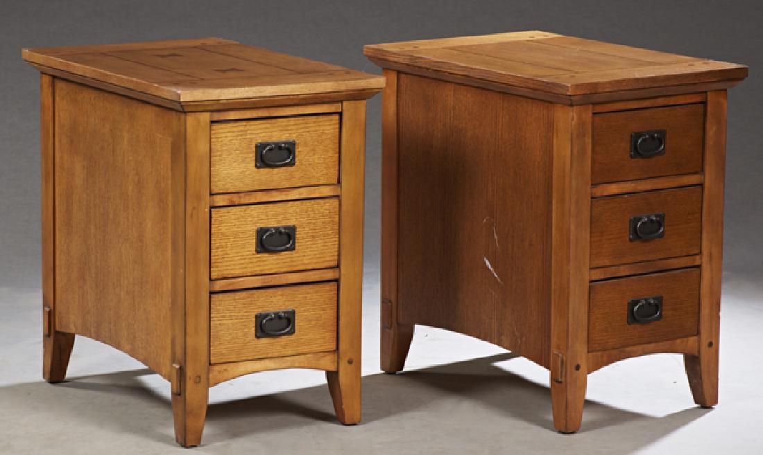 Pair of Inlaid Mission Oak Style Nightstands, late 20th