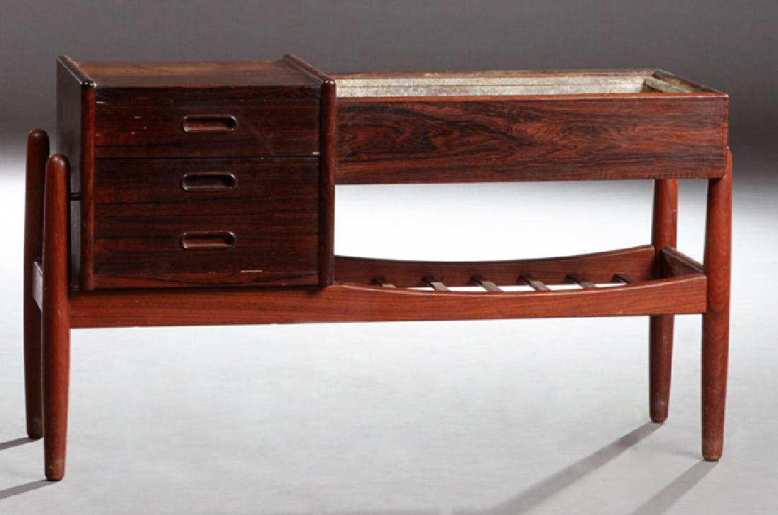 Danish Style Mid-Century Modern Carved Rosewood Hibachi: Danish Style Mid-Century Modern Carved Rosewood Hibachi Table, 20th c., with a bank of small drawers left, next to a copper lined cooking bin, on turned tapered cylindrical legs, joined by a curved sl