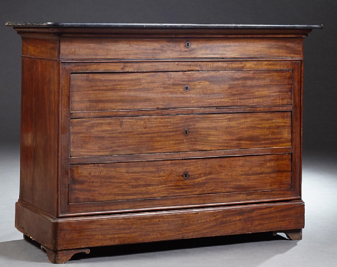 French Louis Philippe Style Carved Mahogany Marble Top: French Louis Philippe Style Carved Mahogany Marble Top Commode, c. 1860, the grey rounded corner marble over a frieze drawer above three setback deep drawers, on a plinth base with a "secret" drawer, 