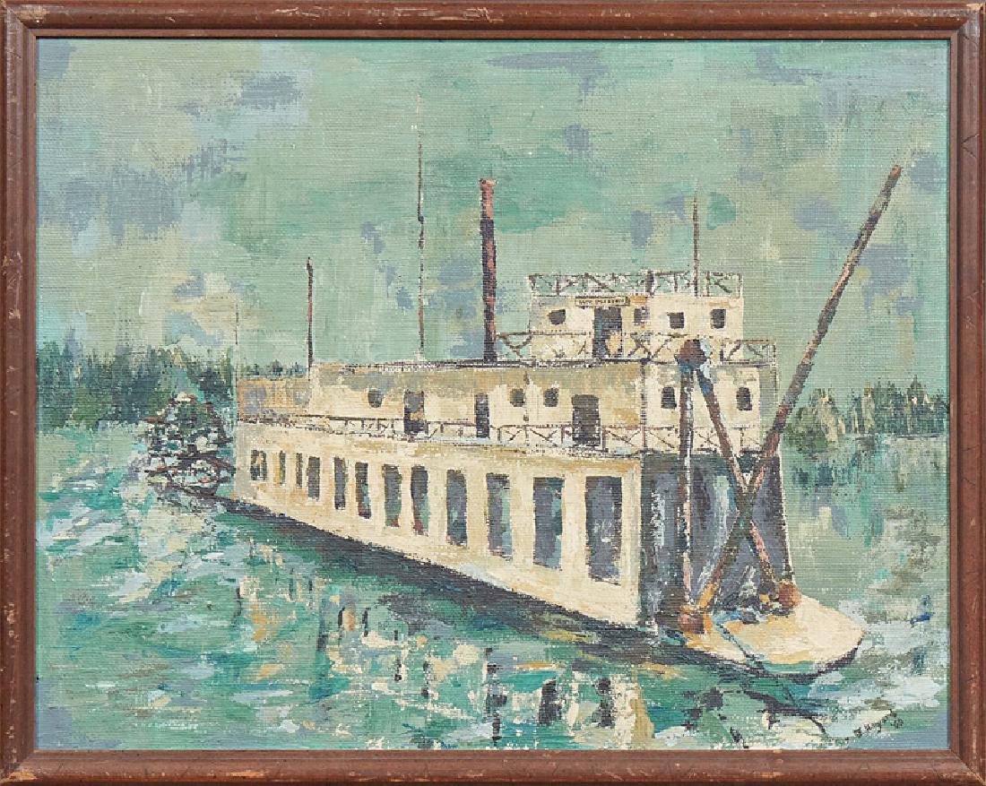 R. Hillyard, "Paddlewheeler W.T. Preston," 1969, oil on: R. Hillyard, "Paddlewheeler W.T. Preston," 1969, oil on masonite, signed and dated lower right, framed, H.- 17 5/8 in., W.- 23 5/8 in.