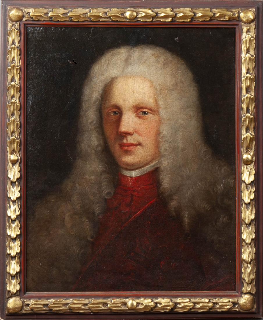 Continental School, "Portrait of a Man in a Powdered: Continental School, "Portrait of a Man in a Powdered Wig," early 19th c., oil on canvas, presented in a carved gilt wood mahogany frame, H.- 21 3/4 in., W.- 17 1/4 in.