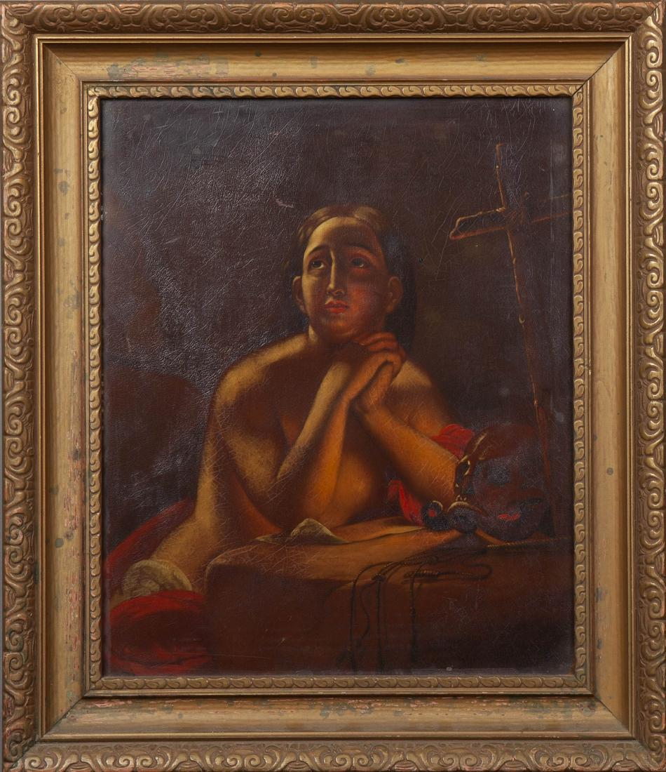 German School, "Nude Flagellant Praying for Salvation,": German School, "Nude Flagellant Praying for Salvation," late 19th c., oil on tin, presented in a carved giltwood frame, H.- 18 1/2 in., W.- 15 1/8 in.