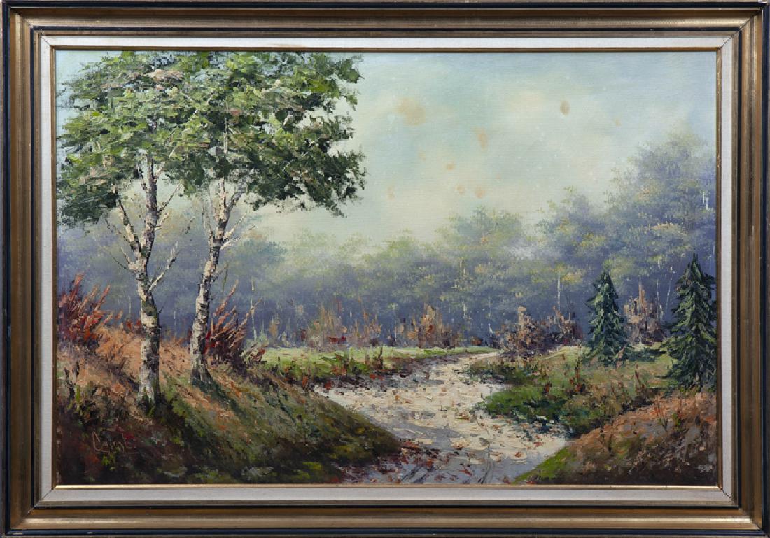 Carot, "Birch Trees by a Stream," 20th c., oil on: Carot, "Birch Trees by a Stream," 20th c., oil on canvas, signed lower left, presented in a gilt and ebonized frame with a linen liner, H.- 23 1/2 in., W.- 35 5/8 in. Provenance: Private Collection, S