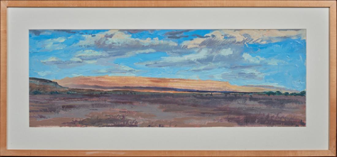 Henry Coe (1946- ), "Sierra del Carmen-Afternoon," oil: Henry Coe (1946- ), "Sierra del Carmen-Afternoon," oil on paper, 1987, signed and dated lower right, titled verso, presented in a natural wood frame, H.- 9 1/4 in., W.- 27 1/4 in., Provenance: Propert