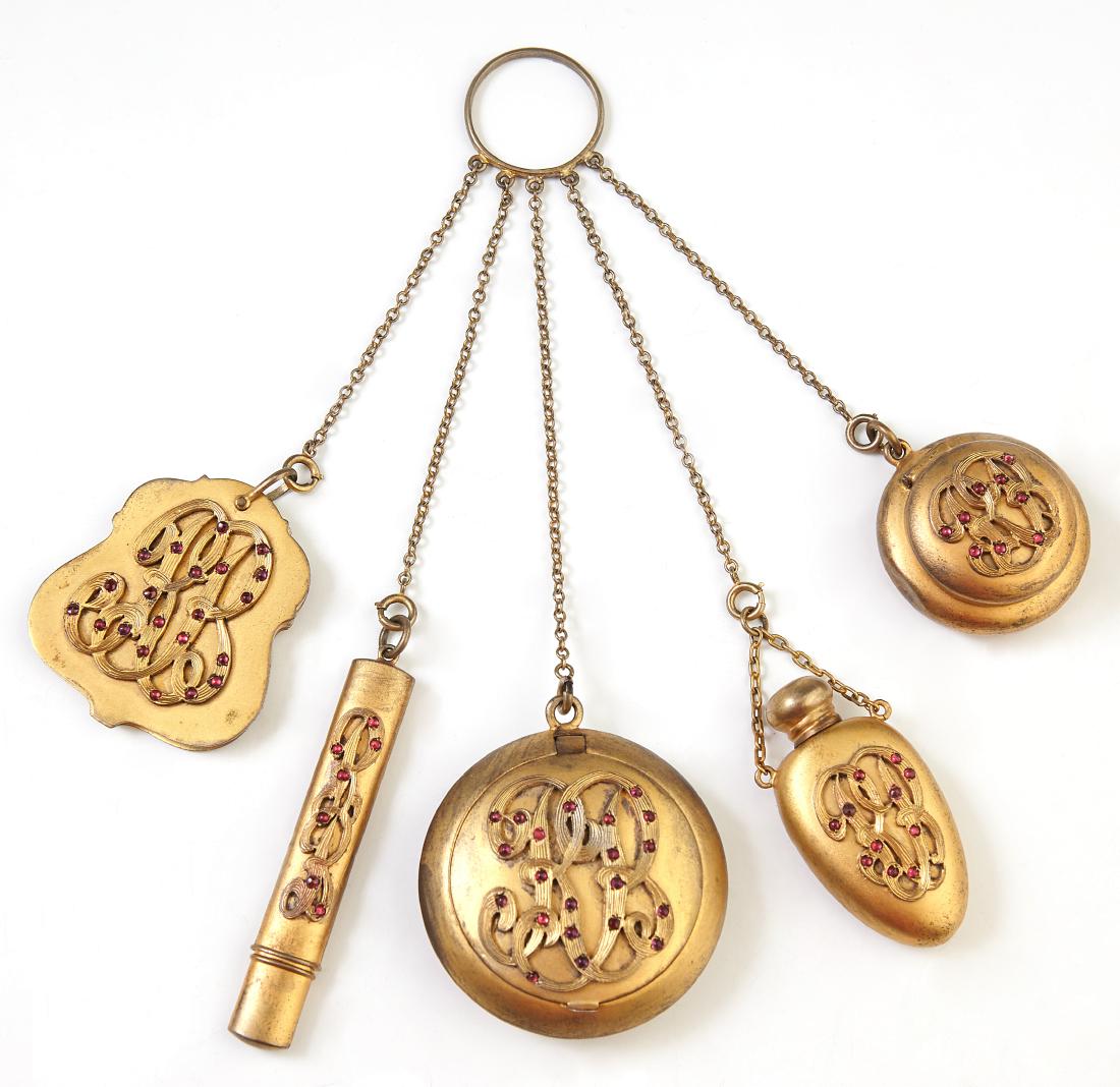 Brass Chatelaine, early 20th c., mounted with pink (1 of 2)
