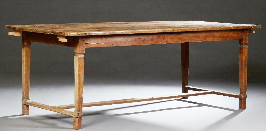 French Provincial Carved Oak Farmhouse Table, 19th c.,: French Provincial Carved Oak Farmhouse Table, 19th c., the four board top over a wide skirt with one end drawer, on square tapered legs joined by an H-form stretcher, with two leaves, H.- 29 in., W.-