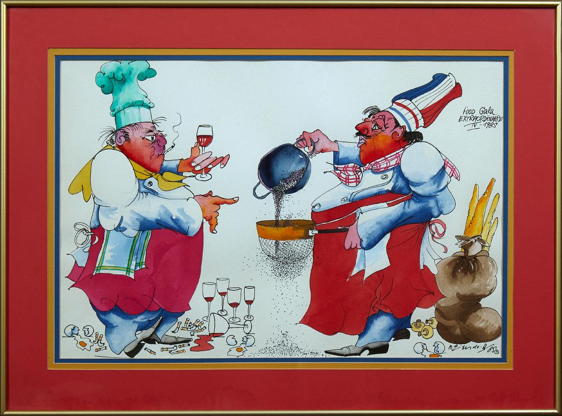 Leo Meiersdorff (1929-1994, New Orleans), "Food Gala: Leo Meiersdorff (1929-1994, New Orleans), "Food Gala Extraordinaire IV 1985," watercolor, signed and dated lower right, presented in a gilt metal frame, H.- 14 in., W.- 21 1/2 in.