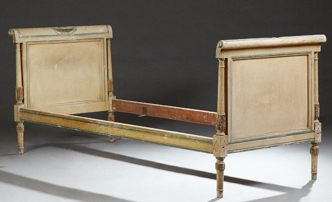 French Polychromed Carved Beech Daybed, early 20th c.,: French Polychromed Carved Beech Daybed, early 20th c., the scroll feet head and foot with carved urn decoration, on wooden rails, H.- 32 1/2 in., Int. W.- 31 in., Int. D.- 75 in.