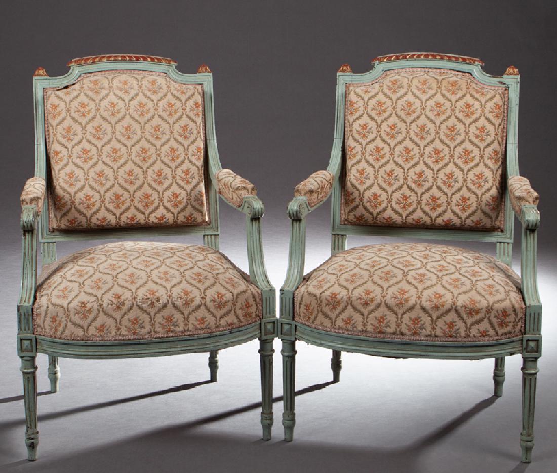 Pair of French Louis XVI Style Polychrome Fauteuils, c. (1 of 1)