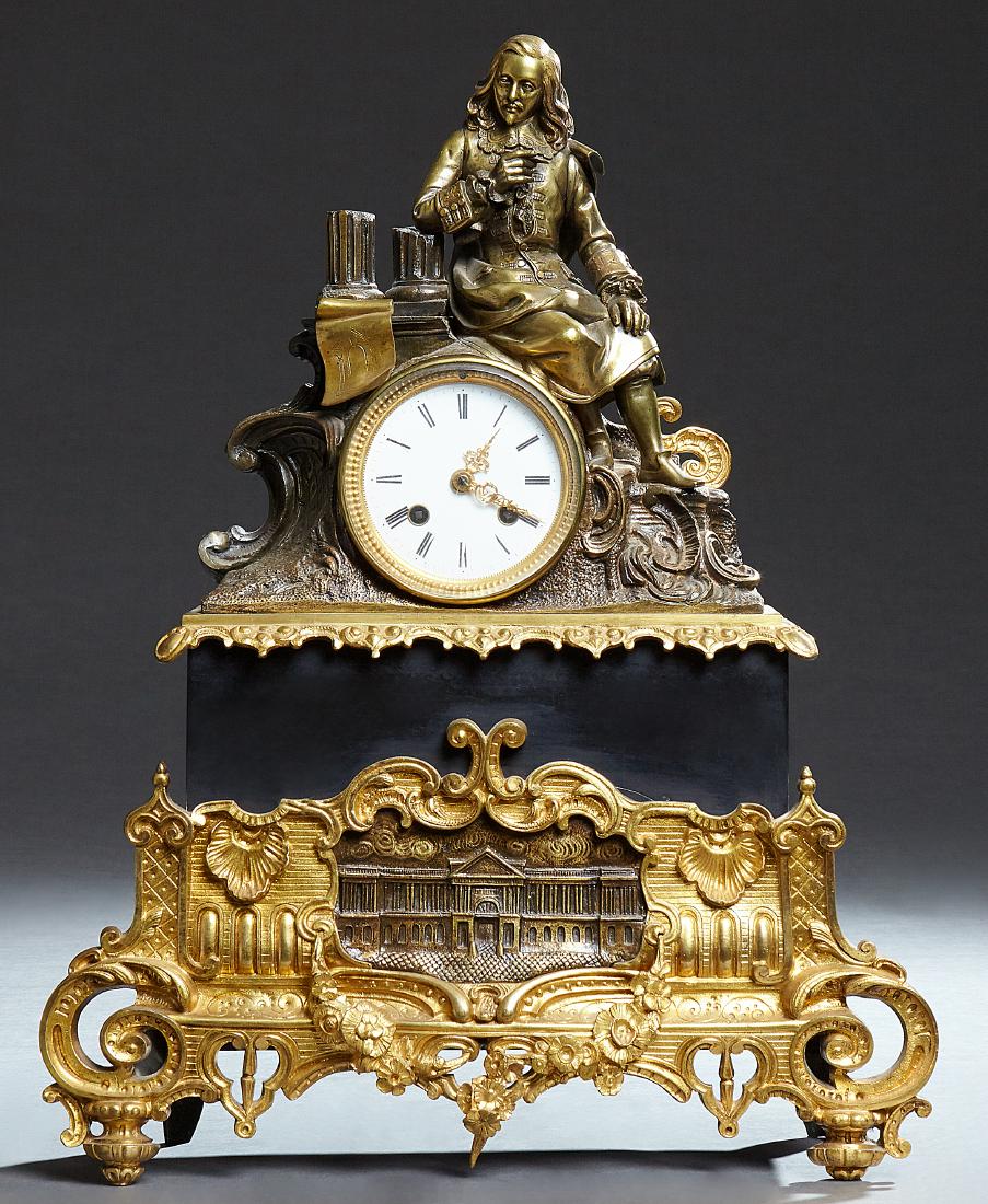 French Gilt and Patinated Bronze Figural Mantle Clock, (1 of 1)