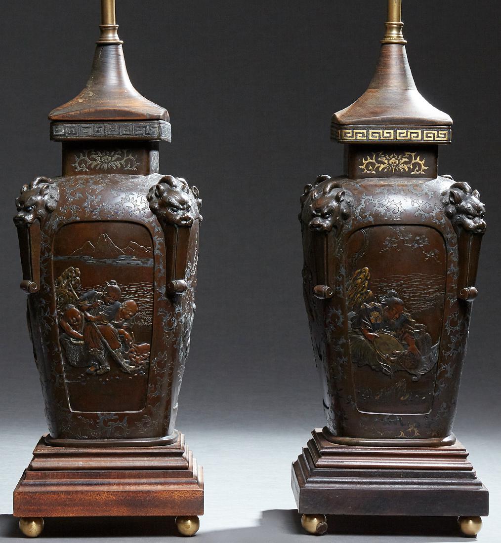 Pair of Japanese Patinated Bronze Urns, early 20th c., (1 of 14)