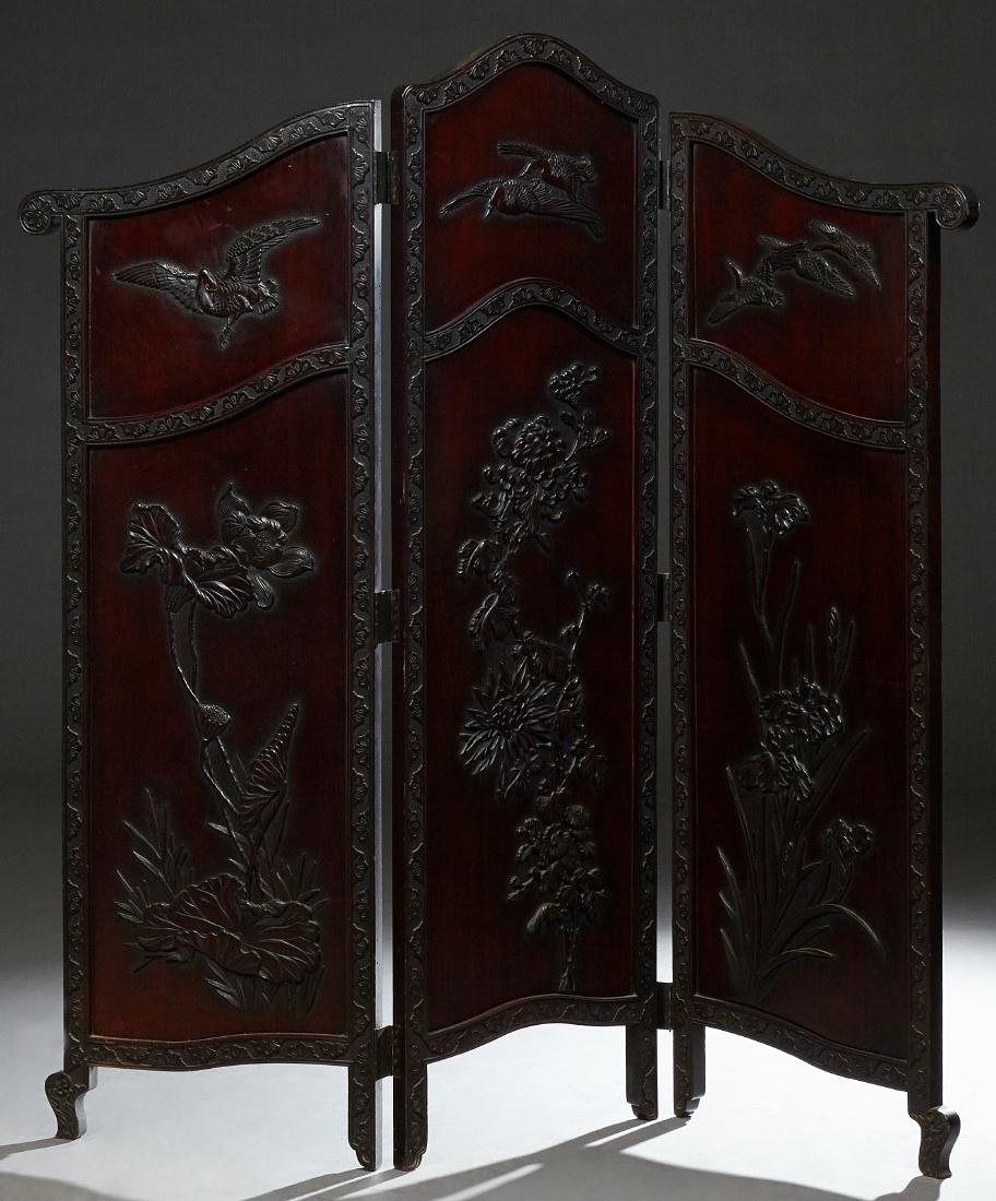 Oriental Carved Mahogany Three Panel Dressing Screen, (1 of 2)