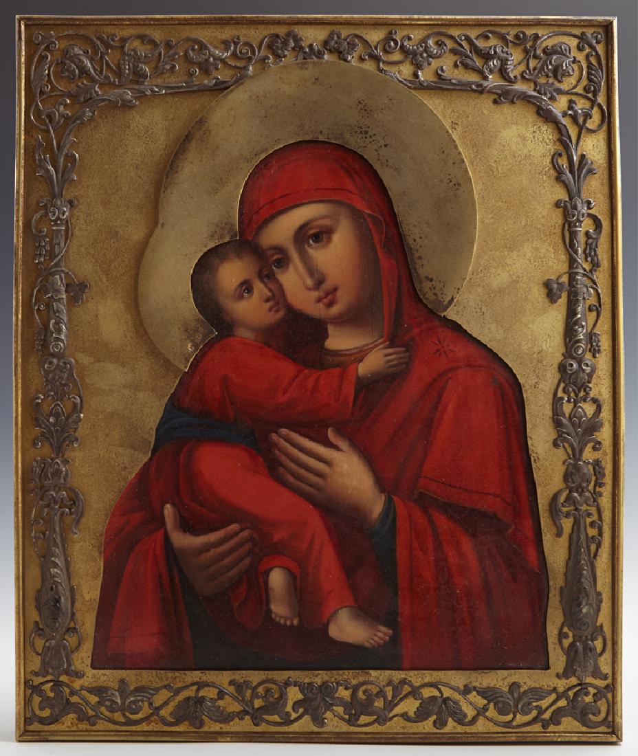 Russian Icon of the Virgin of Vladimir, 1908-1917,: Russian Icon of the Virgin of Vladimir, 1908-1917, Moscow, with a gilt silver oklad with applied decoration and a maker's mark of Ivan Khlebnikov, H.- 12 3/8 in., W.- 10 3/8 in.