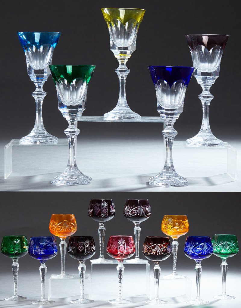 Exceptional Group Of Sixteen French Wine Glasses, 20th: Exceptional Group Of Sixteen French Wine Glasses, 20th c., consisting of five colored red wine glasses on hexagonal bases, probably Sevres, and eleven cut-to-clear white wines in varying colors, on ci