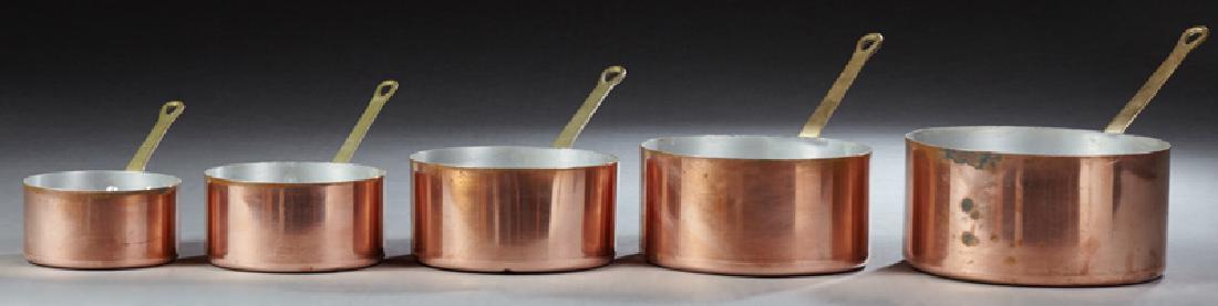 Set of Five French Graduated Copper Sauce Pans, 20th: Set of Five French Graduated Copper Sauce Pans, 20th c., with brass handles, Largest- H.- 6 3/4 in., W.- 8 in., D.- 15 in. (5 Pcs.)
