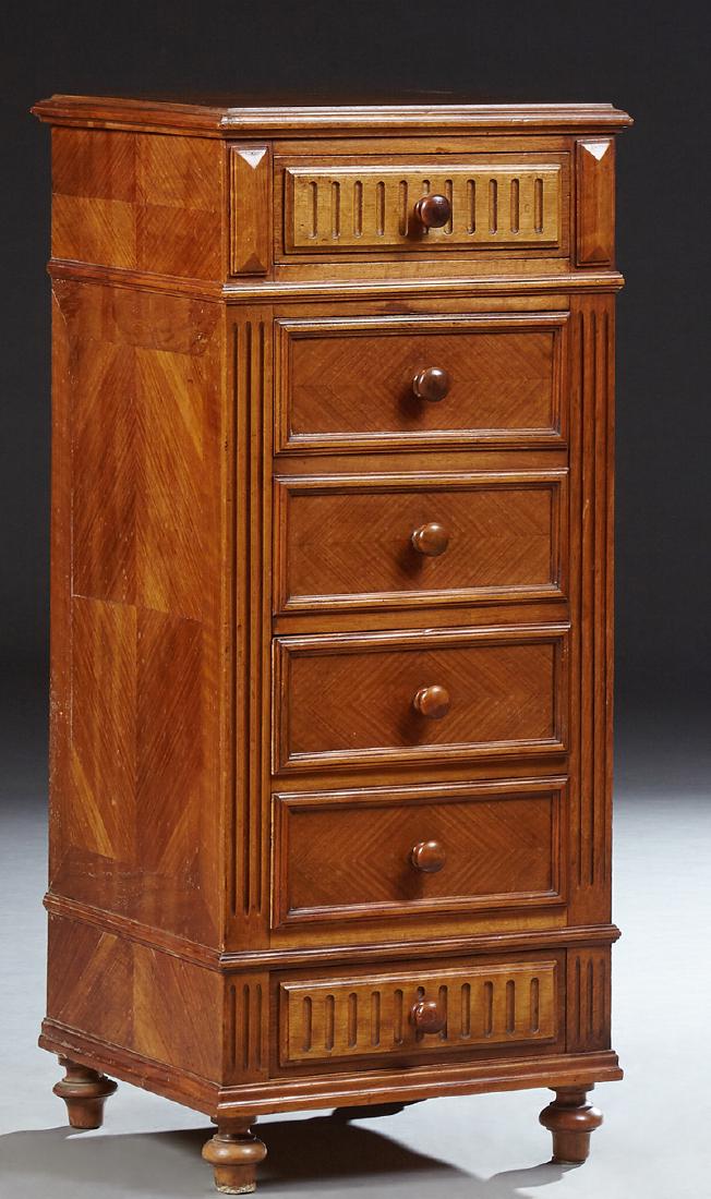 French Henri II Style Carved Mahogany Parquetry Inlaid: French Henri II Style Carved Mahogany Parquetry Inlaid Nightstand, late 19th c., the stepped square top above a frieze drawer over a fall front faux double drawer marble lined pot cupboard, over two d