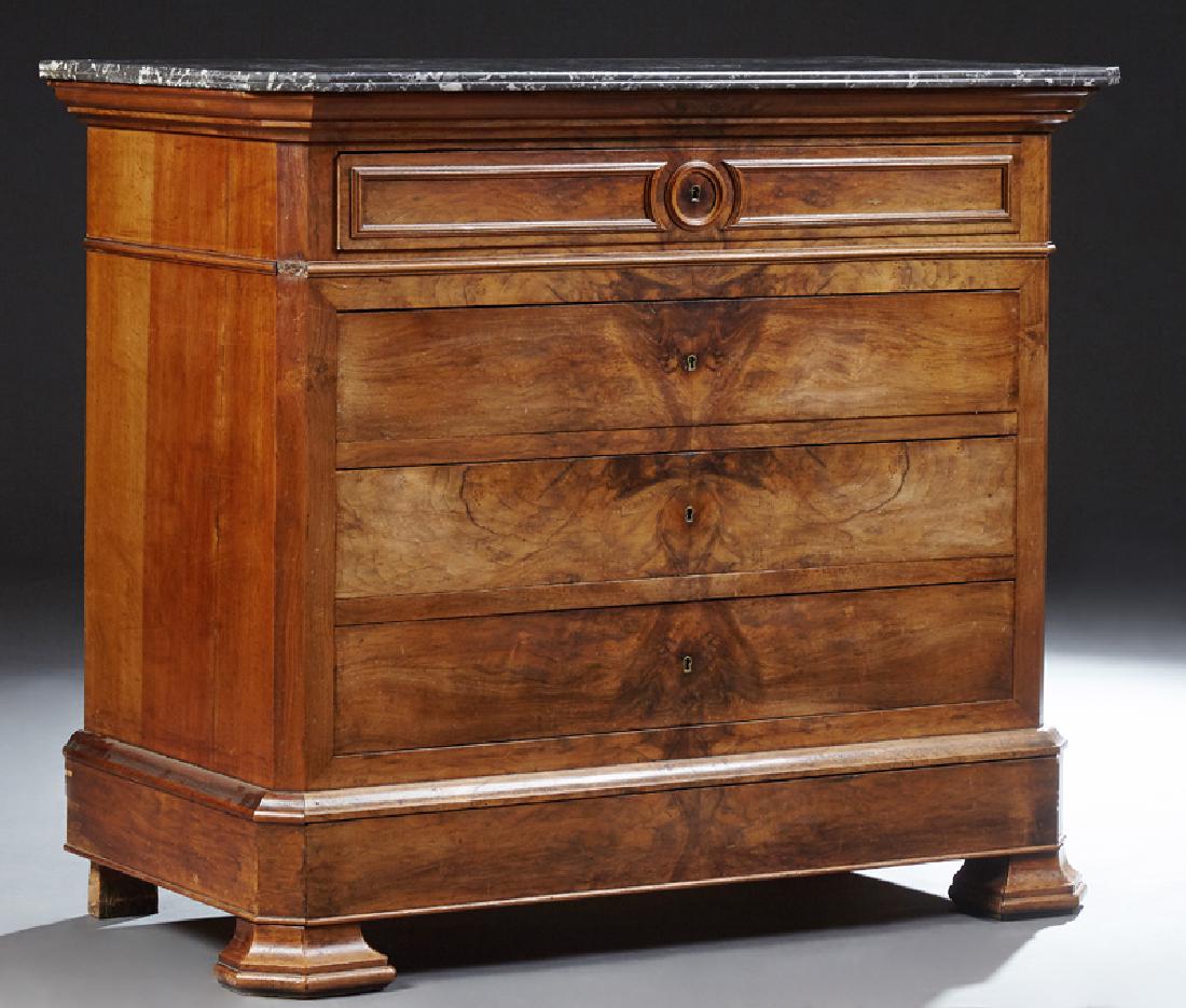 French Louis Philippe Style Carved Walnut Marble Top: French Louis Philippe Style Carved Walnut Marble Top Commode, c. 1860, the canted corner highly figured grey marble above a frieze drawer and three setback drawers flanked by canted corner over a plin