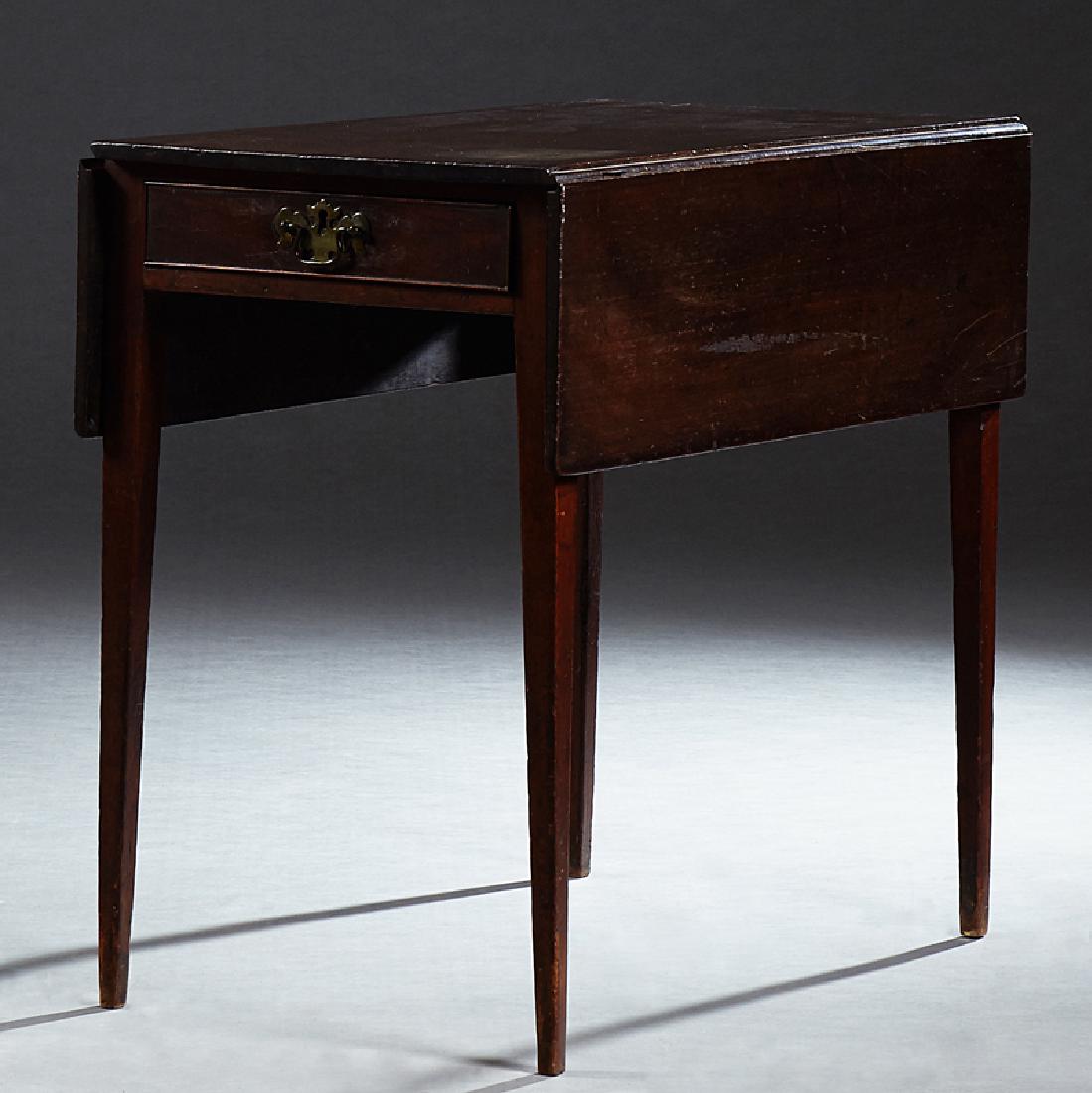 English Carved Mahogany Drop Leaf Table, 19th c., with: English Carved Mahogany Drop Leaf Table, 19th c., with rectangular leaves and one end drawer, on tapered square legs, H.- 28 in., W.- Closed- 18 in., Open- 36 in., D.- 29 in.