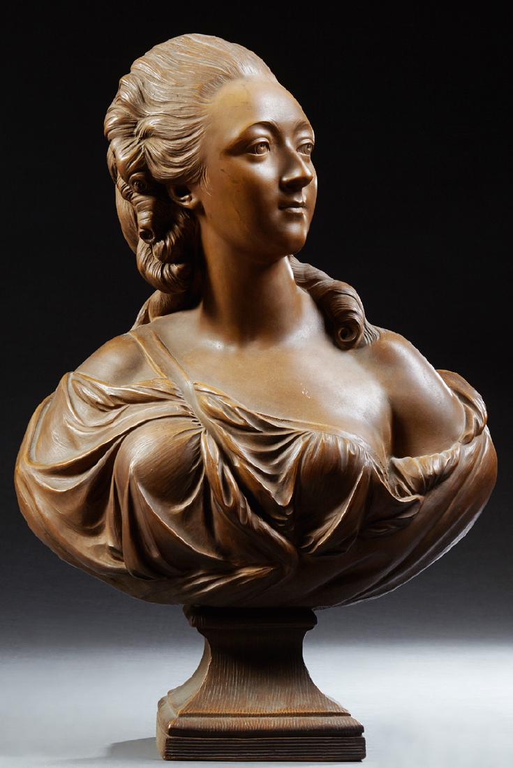 After Augustin Pajou (1730-1789) "Portrait de Madame la: After Augustin Pajou (1730-1789) "Portrait de Madame la Comtesse Dubarry," early 20th c., terracotta, title inscribed verso, also inscribed "by Pajou, Scult. du Roy, Professor de son L'Academie de Scu