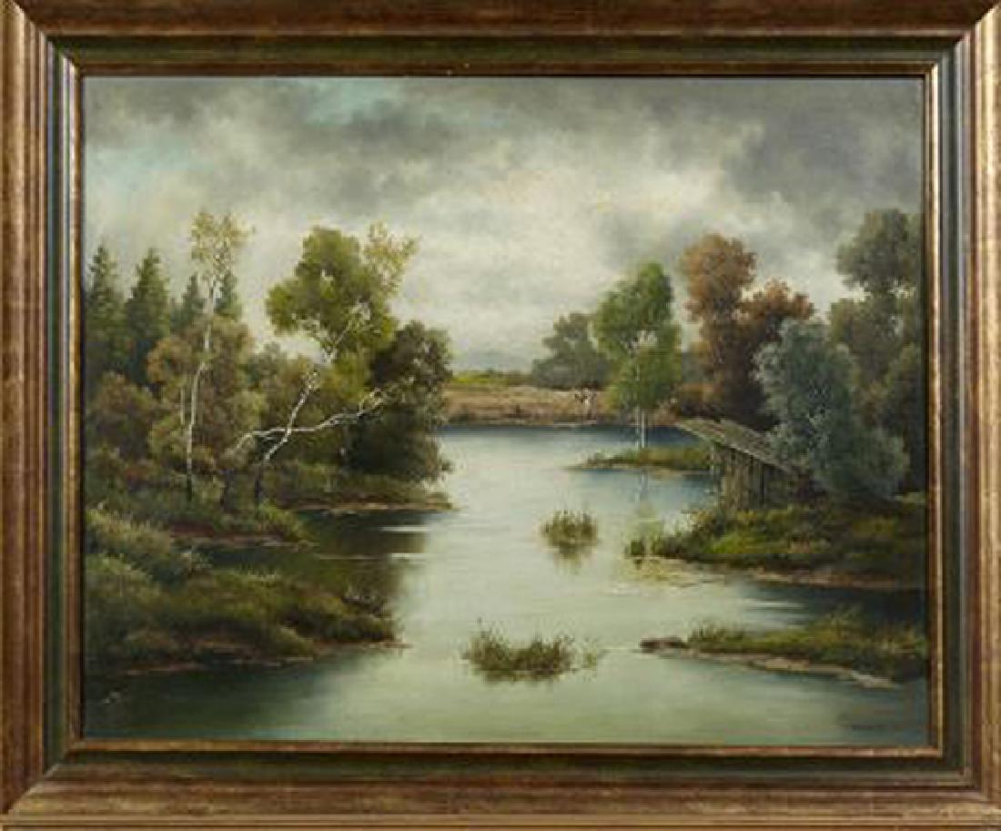 Klara Werner (German), " Lake Scene with Flying Goose,": Klara Werner (German), " Lake Scene with Flying Goose," 1942, oil on canvas, signed and dated and placed "Munich" lower right, H.- 23 1/2 in., W.- 30 in.