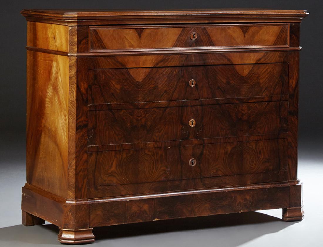 French Louis Philippe Style Crotched Walnut Commode,: French Louis Philippe Style Crotched Walnut Commode, late 19th c., the canted corner stepped top above a frieze drawer over three setback drawers, on a canted corner base with a "secret" drawer on oge