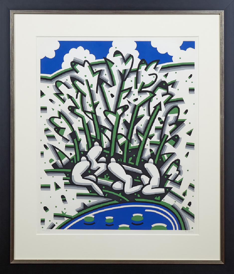 Robert Gordy (1933-1986, New Orleans), "Figures in: Robert Gordy (1933-1986, New Orleans), "Figures in Rivercane," offset lithograph, pencil signed lower right margin, pencil numbered 27/300 lower left margin, presented in an ebonized frame, H.- 25 1/2