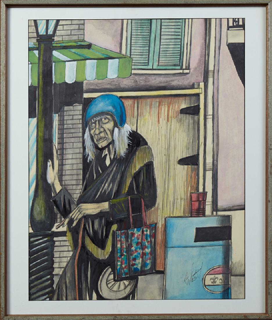 Roy Ferdinand (1959-2004, New Orleans), "Old Woman in: Roy Ferdinand (1959-2004, New Orleans), "Old Woman in the French Quarter," 1992, watercolor on board, signed and dated lower right, presented in a silvered wood frame, H.- 27 1/8 in., W.- 21 3/8 in.