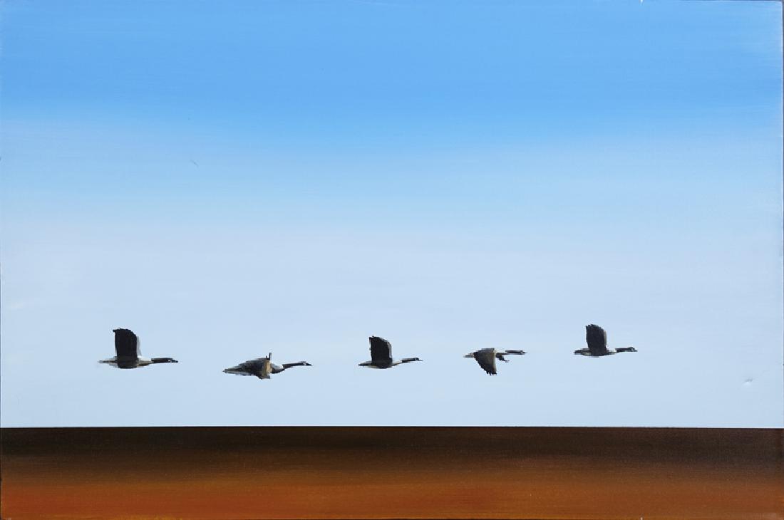 Robert Deyber (1955-, American), "Follow the Leader,": Robert Deyber (1955-, American), "Follow the Leader," 2005, oil on canvas, signed, titled and dated verso, gallery wrapped, H.- 24 in., W.- 36 in.