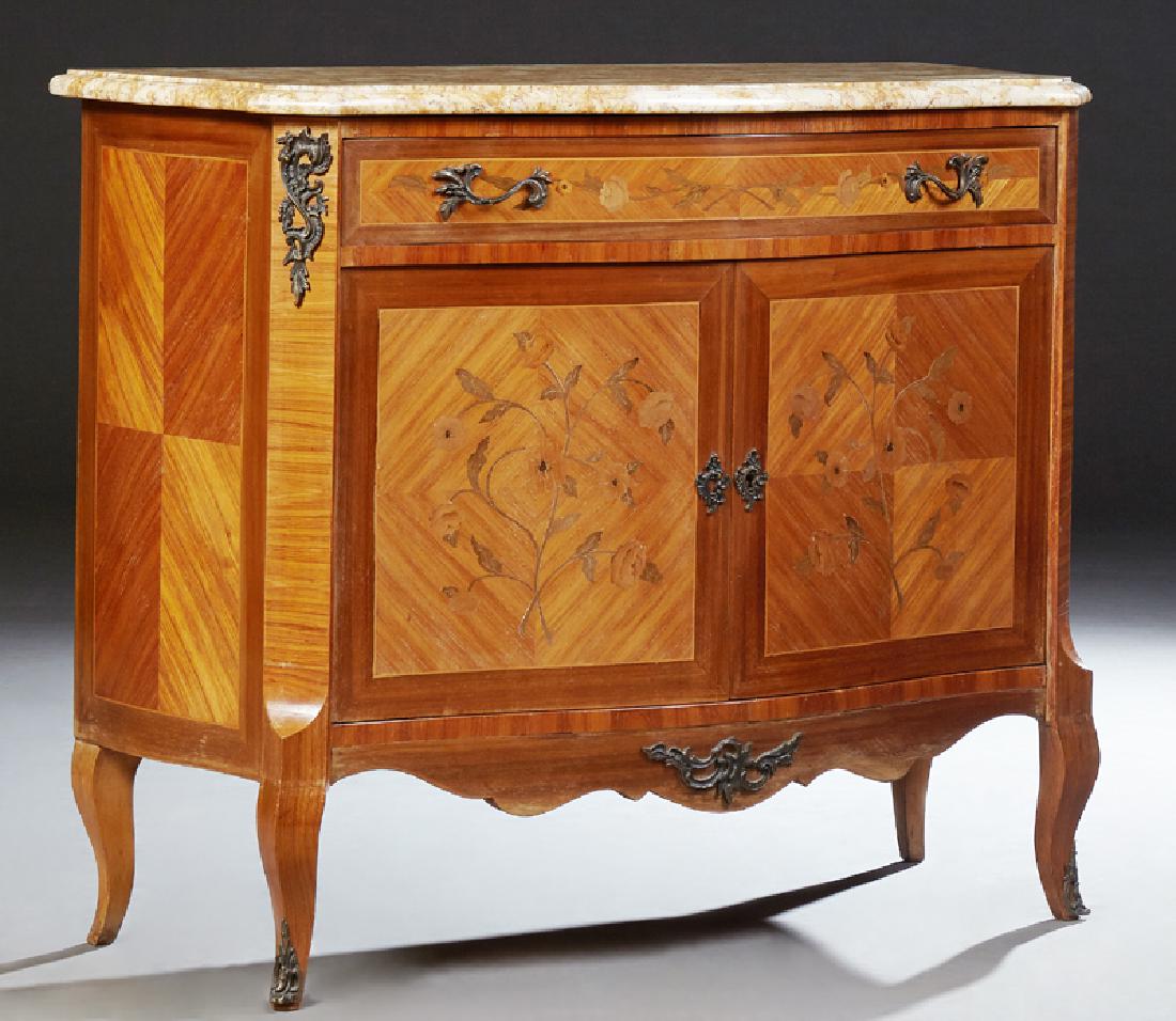 French Louis XV Marquetry Inlaid Mahogany Bombe Marble: French Louis XV Marquetry Inlaid Mahogany Bombe Marble Top Commode, early 20th c., the bow front highly figured ochre marble above a conforming frieze drawer and two marquetry inlaid cupboard doors fl