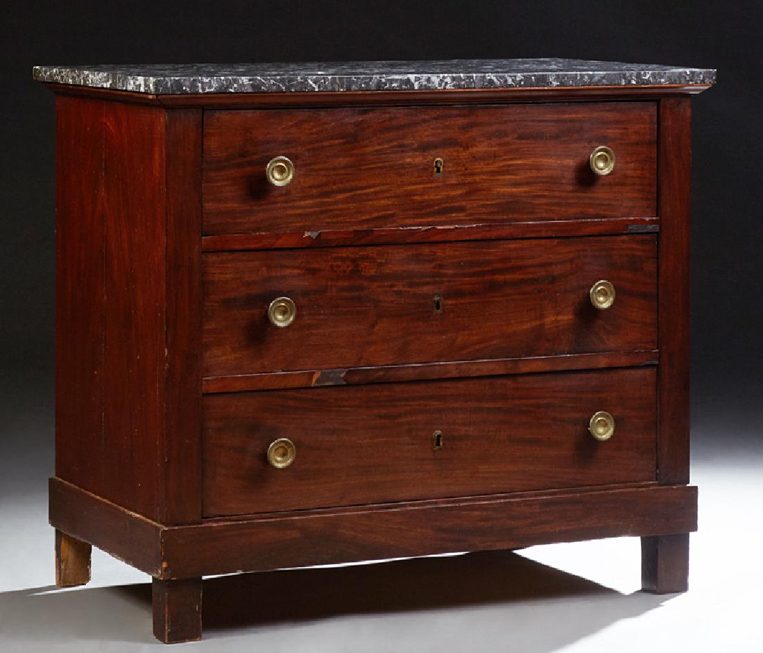 French Empire Style Carved Walnut Marble Top Commode,: French Empire Style Carved Walnut Marble Top Commode, 19th c., the highly figured grey marble over three deep drawers, on a plinth base on block feet, H.- 33 1/4 in., W.- 38 in., D.- 20 3/4 in.