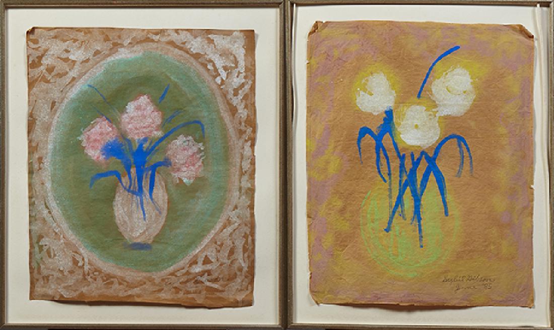 Sybil Gibson (1908-1995, Alabama), "Flowers in a Vase,": Sybil Gibson (1908-1995, Alabama), "Flowers in a Vase," and "Three Flowers," 1985, two pastels on paper bags, pencil signed lower right, the second dated, presented in silvered wood frames, H.- 21 1/2