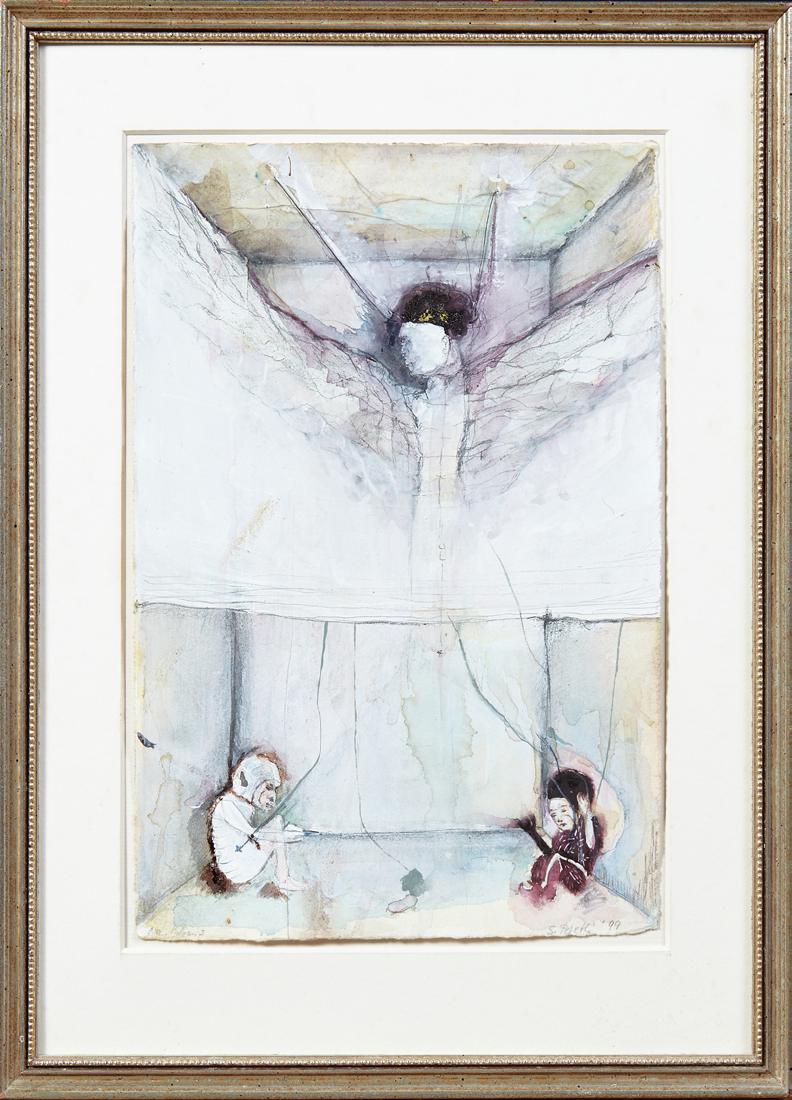 Sibylle Peretti (1964- German), "Figures in a Room,": Sibylle Peretti (1964- German), "Figures in a Room," 1999, watercolor, pencil signed and dated lower right, pencil placed "New Orleans" lower left, presented in a silvered wood frame, H.- 10 1/4 in.,