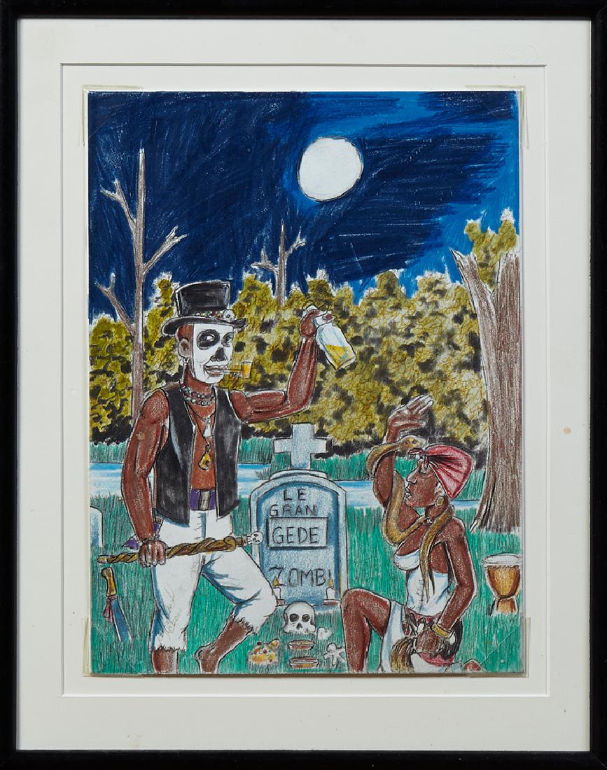 Roy Ferdinand (1959-2004, New Orleans), "Haitian Voodoo: Roy Ferdinand (1959-2004, New Orleans), "Haitian Voodoo Ceremony," 20th c., colored pencil, unsigned, verso with a label for Bassetti Gallery, New Orleans, presented in a black mahogany frame, H.- 12