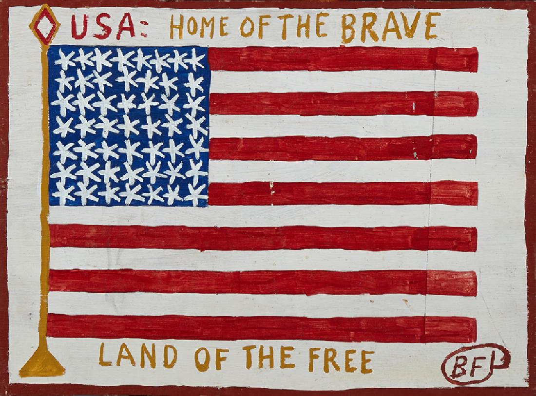 Benjamin F. Perkins (1904-1993, American), "Land of the: Benjamin F. Perkins (1904-1993, American), "Land of the Free," 20th c., American flag, oil on panel, signed "BFP," lower right, unframed, H.- 17 7/8 in., W.- 23 7/8 in.