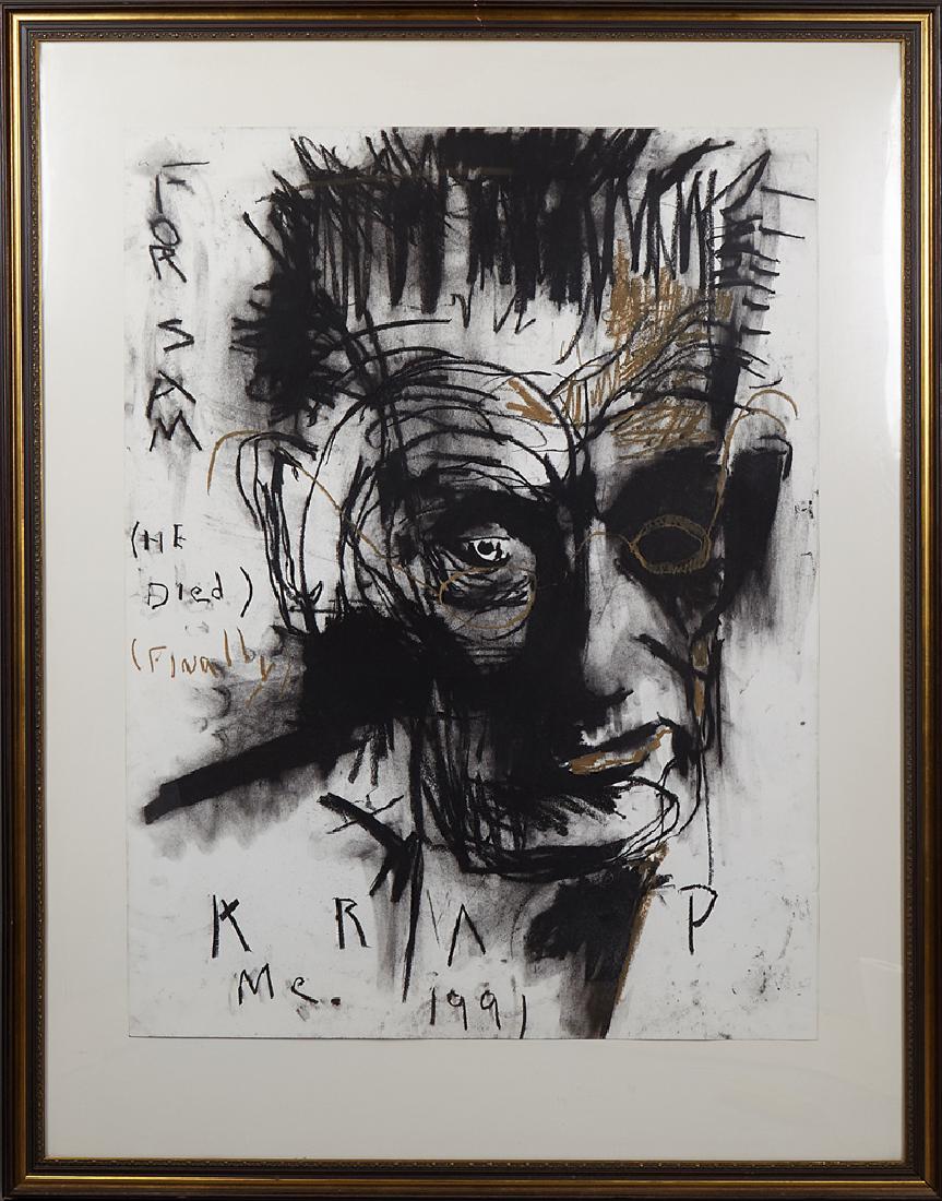 Todd Murphy (1962-), "For Sam (He Died Finally)," 1991,: Todd Murphy (1962-), "For Sam (He Died Finally)," 1991, mixed media, titled upper left, verso with a label for the Lowe Gallery, Atlanta, presented in a gilt and gesso frame, H.- 49 3/4 in., W.- 38 1/