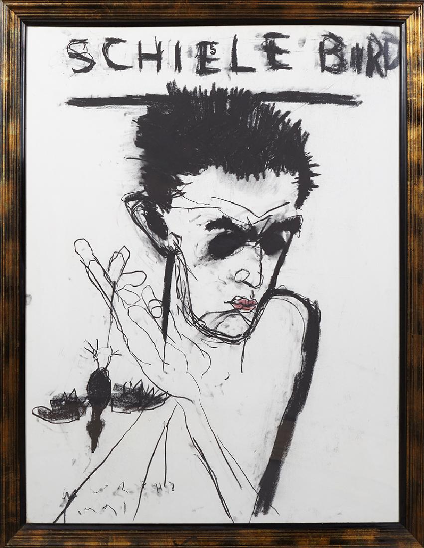 Todd Murphy (1962-), "Schiele Bird," 1991, mixed media,: Todd Murphy (1962-), "Schiele Bird," 1991, mixed media, titled upper center, verso with a label for the Lowe Gallery, Atlanta, presented in a gilt and gesso frame, H.- 49 3/4 in., W.- 37 3/4 in.