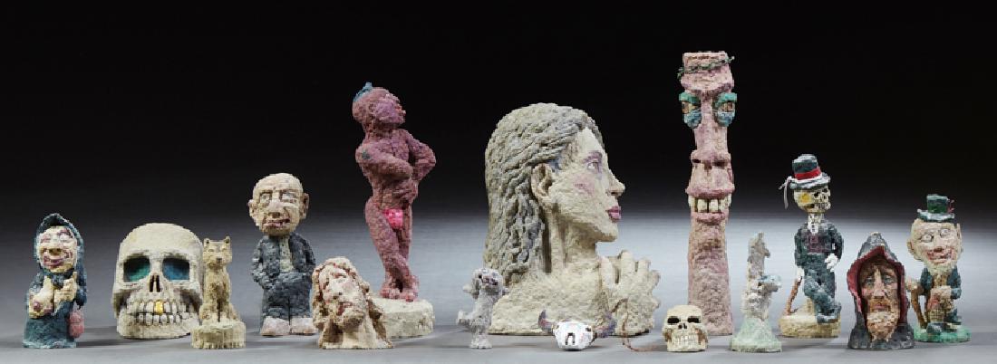 Michael Lee Ford, group of fifteen polychromed toilet: Michael Lee Ford, group of fifteen polychromed toilet paper figures, c. 2000, most titled, signed and dated on the bottom, including Bonez, Lucky Leprechaun, The Professor, The Witch of Andora, Skullp