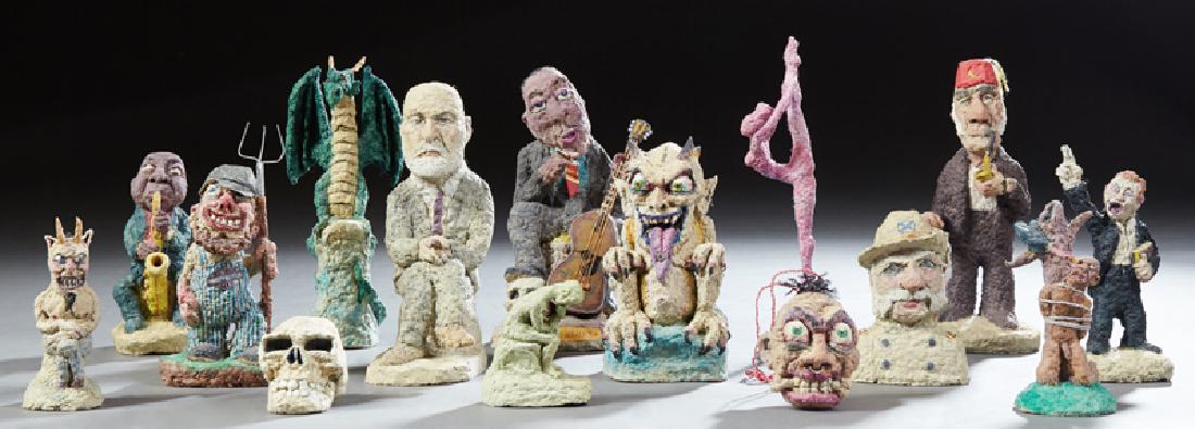 Michael Lee Ford, group of fifteen polychromed toilet: Michael Lee Ford, group of fifteen polychromed toilet paper figures, c. 2000, most titled, signed and dated on the bottom, including a skull, a dragon, a confederate general, a demon, a guitar player,