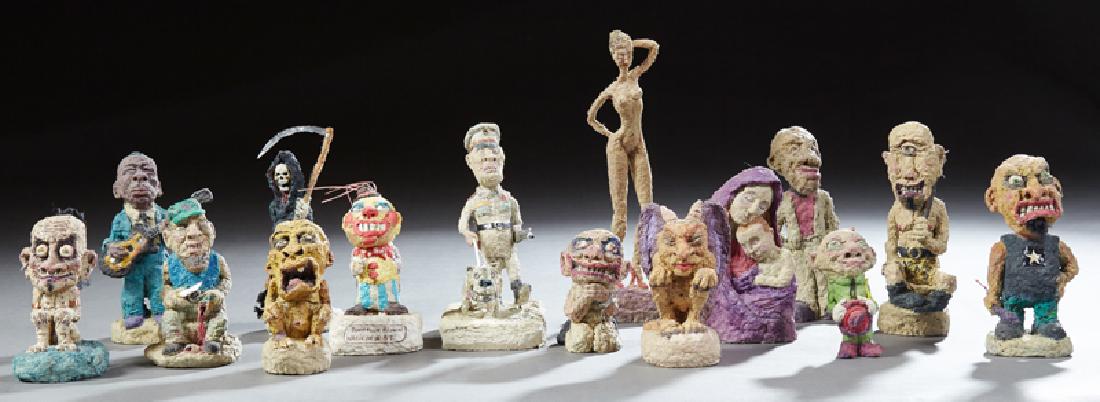 Michael Lee Ford, group of fifteen polychromed toilet: Michael Lee Ford, group of fifteen polychromed toilet paper figures, c. 2000, most titled, signed and dated on the bottom, including Madrina, Shadow Watcher, Mother and Child, Cyclopz, and Mr. Johnny