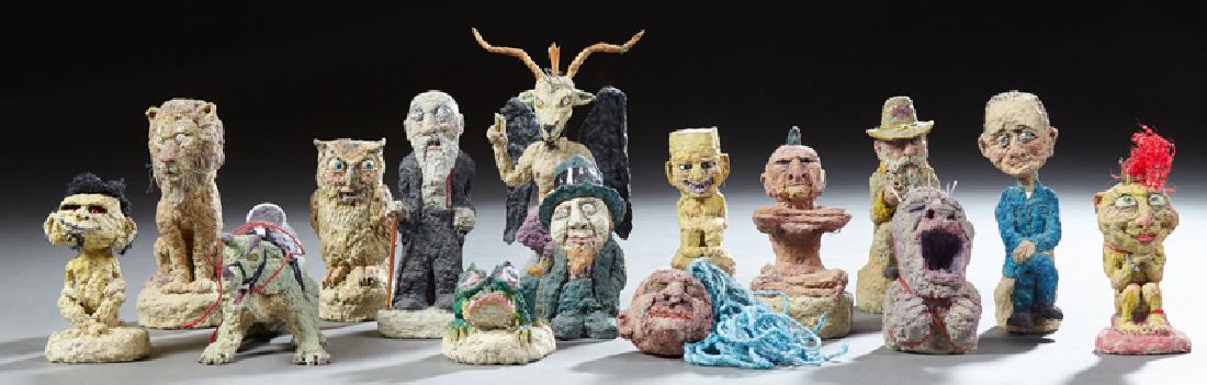 Michael Lee Ford, group of fifteen polychromed toilet: Michael Lee Ford, group of fifteen polychromed toilet paper figures, c. 2000, most titled, signed and dated on the bottom, including Rebel Rouser, Baphomit, Injun Mo, Shape shifter, Hungry Lion, etc.