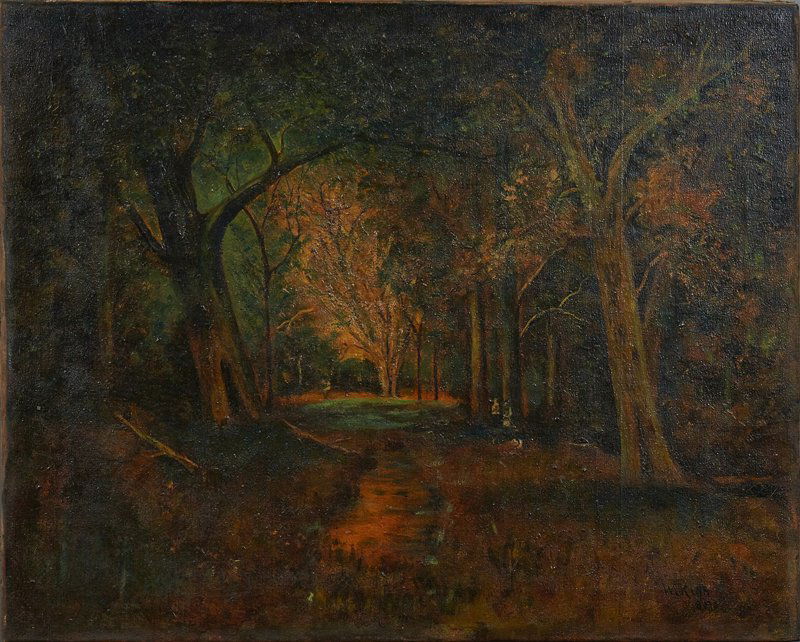 William Keith (1838-1911, California), "Figures in a Ca: William Keith (1838-1911, California), "Figures in a California Forest," late 19th c., oil on canvas, signed lower right and marked SF (San Francisco), unframed, H.- 24 1/2 in., W.- 30 1/4 in.