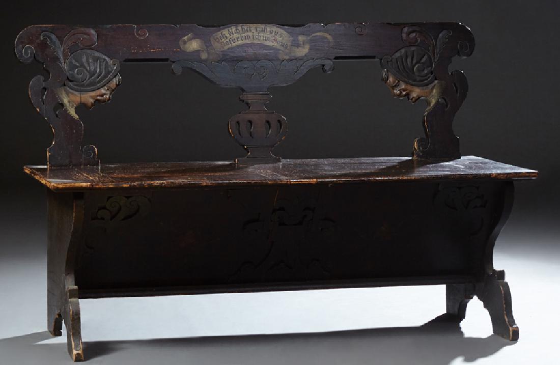 German Polychromed Oak Bench, 19th c., the back with a: German Polychromed Oak Bench, 19th c., the back with a central rhyme, "sit here and rest, that's why I'm here," with a central pierced urn splat flanked by figural carved supports to a seat with two l
