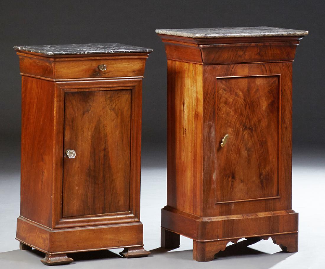 Two French Louis Philippe Style Marble Top Carved: Two French Louis Philippe Style Marble Top Carved Walnut Nightstands, late 19th c., each with rounded corner highly figured grey marble tops above a cavetto frieze drawer and long cupboard door, on a 
