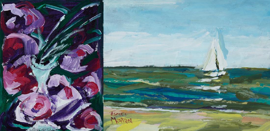 James Mouton (1925-2011, New Orleans), "Vase of: James Mouton (1925-2011, New Orleans), "Vase of Flowers," and "Sailing on Lake Pontchartrain," 1998, two oils on board, each signed, and titled verso, unframed, H.-20 in., W.- 15 in., and H.- 12 1/2 i